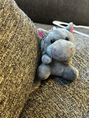 Cute Grey Hippo Plush Keychain with Pink Accents